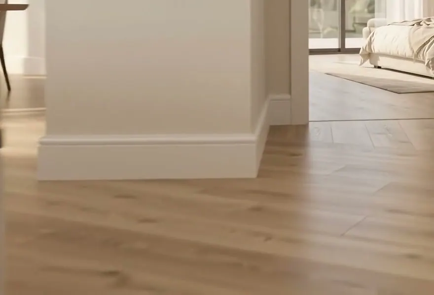 Detalhe de rodapé branco contornando a quina de uma parede sobre piso amadeirado