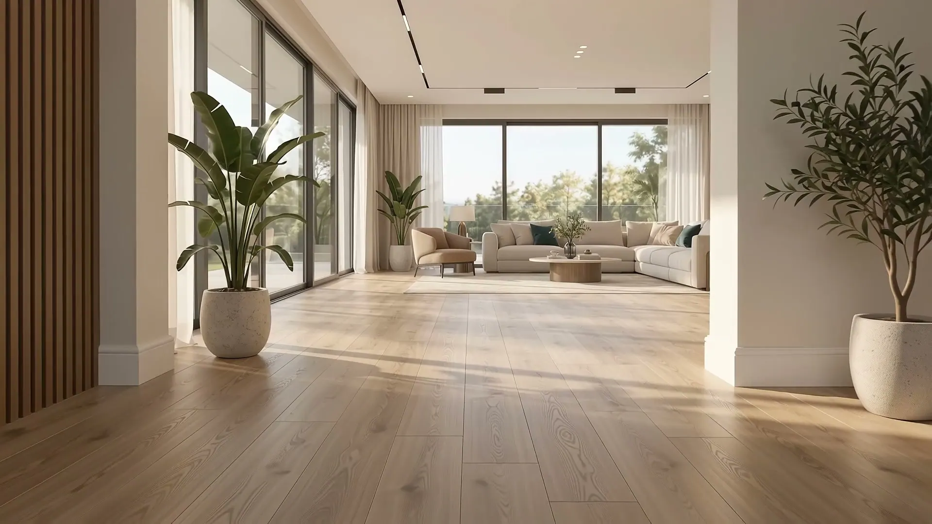 Hall de entrada com painel ripado de madeira, plantas e piso amadeirado contínuo até a sala de estar
