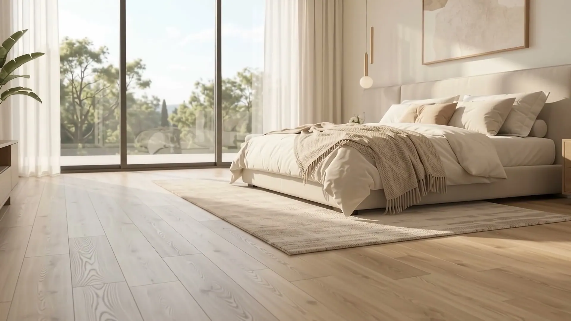 Quarto com piso amadeirado em réguas, tapete de textura natural e cama clara